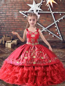 Red Ball Gowns Straps Sleeveless Satin and Organza Floor Length Lace Up Embroidery and Ruffled Layers Little Girls Pageant Dress