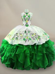 Unique Green Ball Gowns Embroidery and Ruffles Sweet 16 Dresses Lace Up Organza Sleeveless Floor Length