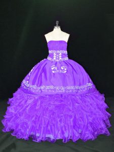 Lavender Lace Up Strapless Embroidery and Ruffles Sweet 16 Quinceanera Dress Organza Sleeveless