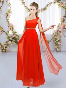 Red Sleeveless Floor Length Beading and Hand Made Flower Lace Up Dama Dress
