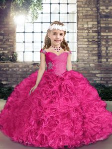 Fuchsia Sleeveless Floor Length Beading Lace Up Pageant Dress for Womens