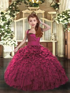 Latest Ball Gowns Kids Pageant Dress Fuchsia Straps Organza Sleeveless Floor Length Lace Up