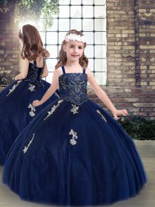 Custom Made Floor Length Lace Up Kids Formal Wear Navy Blue and In with Beading and Appliques