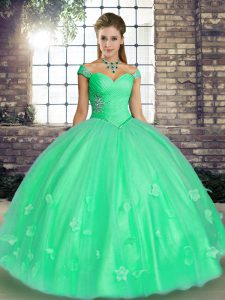 Elegant Turquoise and Apple Green Lace Up Off The Shoulder Beading and Appliques Sweet 16 Dress Tulle Sleeveless