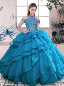 Gorgeous Blue Lace Up High-neck Beading and Ruffled Layers Quinceanera Dress Organza Sleeveless