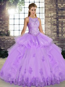 Great Tulle Scoop Sleeveless Lace Up Lace and Embroidery and Ruffles Quince Ball Gowns in Lavender