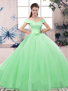 Off The Shoulder Short Sleeves Tulle Quinceanera Gown Lace and Hand Made Flower Lace Up