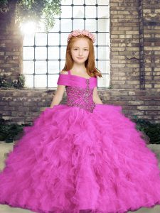 Perfect Lilac Straps Lace Up Beading and Ruffles Child Pageant Dress Sleeveless