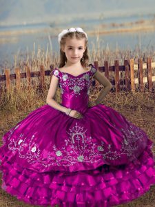 Fuchsia Off The Shoulder Neckline Embroidery and Ruffled Layers Pageant Dress Wholesale Sleeveless Lace Up