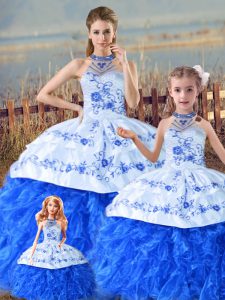 Cheap Halter Top Sleeveless Court Train Lace Up Quinceanera Gown Blue And White Organza