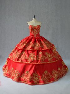 Designer Red Satin Lace Up Quinceanera Gown Sleeveless Floor Length Embroidery and Ruffled Layers