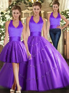 Purple Tulle Lace Up Quinceanera Dresses Sleeveless Floor Length Beading
