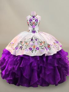 White And Purple Lace Up Quinceanera Dresses Embroidery Sleeveless Floor Length