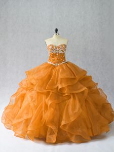 Floor Length Orange Quince Ball Gowns Sweetheart Sleeveless Lace Up