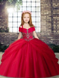 Straps Sleeveless Lace Up Pageant Gowns For Girls Red Tulle