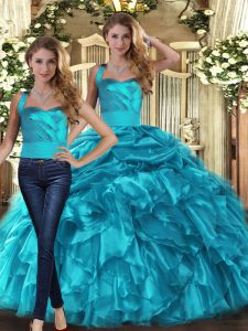 Latest Halter Top Sleeveless Lace Up Sweet 16 Quinceanera Dress Teal Organza