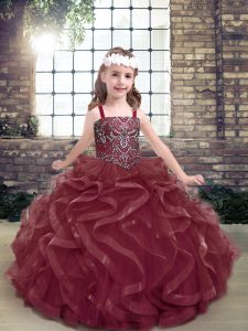 Modern Burgundy Lace Up Pageant Gowns Beading and Ruffles Sleeveless Floor Length