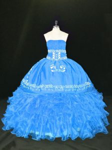 Spectacular Sleeveless Floor Length Embroidery and Ruffles Lace Up Quince Ball Gowns with Blue