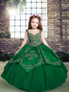 Tulle Straps Sleeveless Lace Up Beading and Embroidery Kids Formal Wear in Dark Green