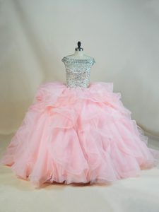 Ball Gowns Sleeveless Pink Sweet 16 Dresses Brush Train Lace Up