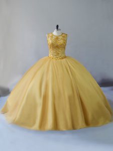 Gold Ball Gowns Scoop Sleeveless Tulle Brush Train Lace Up Beading Sweet 16 Quinceanera Dress