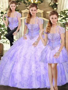 Lavender Three Pieces Strapless Sleeveless Tulle Floor Length Lace Up Beading and Appliques and Ruffles 15th Birthday Dress