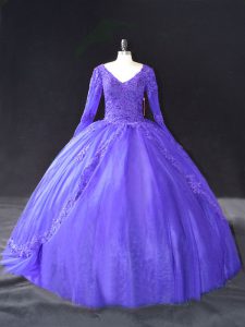 Purple Ball Gowns Lace and Appliques Vestidos de Quinceanera Lace Up Tulle Long Sleeves Floor Length