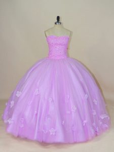 Lilac Ball Gowns Tulle Sweetheart Sleeveless Hand Made Flower Floor Length Lace Up Sweet 16 Quinceanera Dress