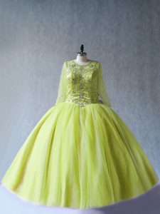 Sexy Ball Gowns Sweet 16 Dress Yellow Green Scoop Tulle Long Sleeves Floor Length Lace Up