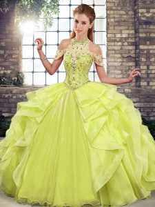 Custom Fit Floor Length Yellow Green 15 Quinceanera Dress Organza Sleeveless Beading and Ruffles