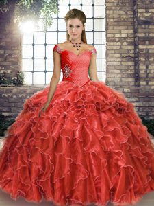 Fantastic Sleeveless Brush Train Lace Up Beading and Ruffles Quince Ball Gowns
