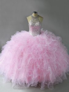 Halter Top Sleeveless Lace Up Ball Gown Prom Dress Pink Tulle