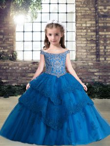 Off The Shoulder Sleeveless Pageant Gowns Floor Length Beading and Appliques Blue Tulle
