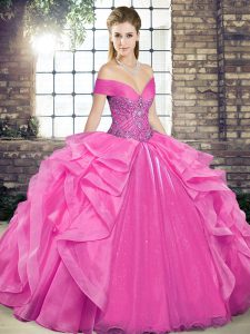 Most Popular Organza Off The Shoulder Sleeveless Lace Up Beading and Ruffles Quinceanera Gowns in Rose Pink