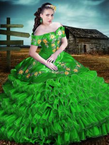 Green Sleeveless Embroidery and Ruffles Floor Length Quinceanera Gown