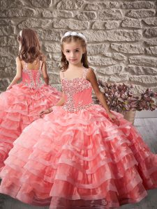 Watermelon Red Organza Lace Up Little Girls Pageant Dress Wholesale Brush Train Beading and Ruffled Layers