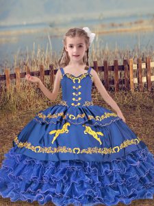 Beading and Embroidery and Ruffled Layers Kids Formal Wear Blue Lace Up Sleeveless Floor Length