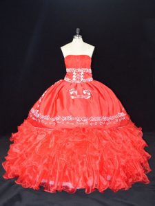 Red Ball Gowns Strapless Sleeveless Organza Floor Length Lace Up Embroidery and Ruffles Quinceanera Gown