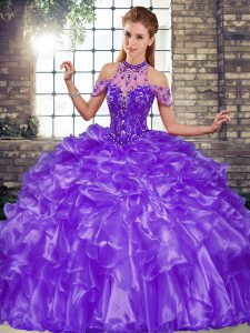 Charming Purple Halter Top Lace Up Beading and Ruffles Quinceanera Dresses Sleeveless