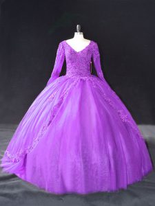 Floor Length Purple Vestidos de Quinceanera V-neck Long Sleeves Lace Up