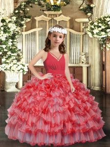 High Class Coral Red Zipper V-neck Ruffles and Ruffled Layers Little Girls Pageant Gowns Organza Sleeveless