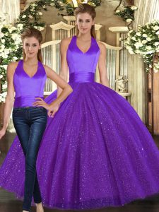 Purple Sequined Lace Up Halter Top Sleeveless Floor Length Quinceanera Gowns Ruching