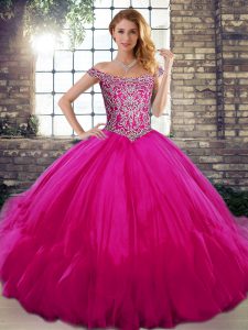 Fuchsia Ball Gowns Tulle Off The Shoulder Sleeveless Beading and Ruffles Floor Length Lace Up Quinceanera Gown