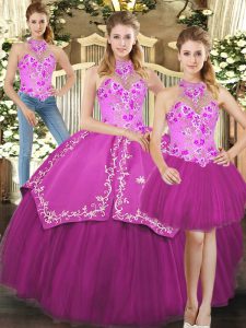 Trendy Sleeveless Floor Length Embroidery Lace Up Vestidos de Quinceanera with Fuchsia