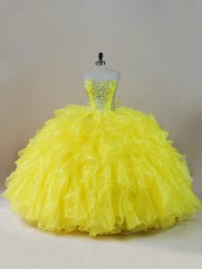 Floor Length Yellow Sweet 16 Dresses Organza Sleeveless Beading and Ruffles