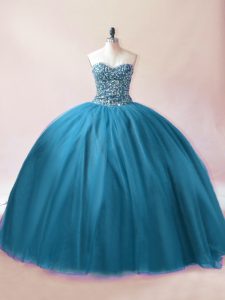 New Style Teal Tulle Lace Up Sweet 16 Dress Sleeveless Floor Length Beading
