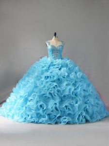 Custom Fit Zipper Quince Ball Gowns Baby Blue for Sweet 16 and Quinceanera with Beading and Ruffles Court Train
