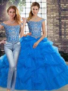 Beautiful Blue Off The Shoulder Lace Up Beading and Pick Ups Quinceanera Dress Brush Train Sleeveless