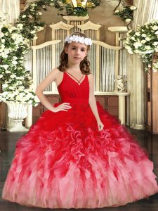 Elegant V-neck Sleeveless Zipper High School Pageant Dress Red and Multi-color Tulle