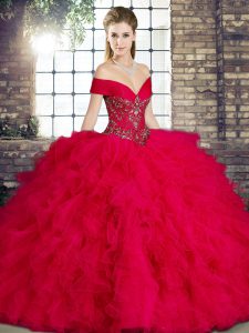 High End Red Sleeveless Floor Length Beading and Ruffles Lace Up Vestidos de Quinceanera